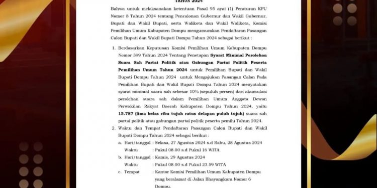 Pendaftaran Pasangan Calon Bupati dan Wakil Bupati Dompu Resmi Diumumkan KPU, Simak Syarat nya Disini