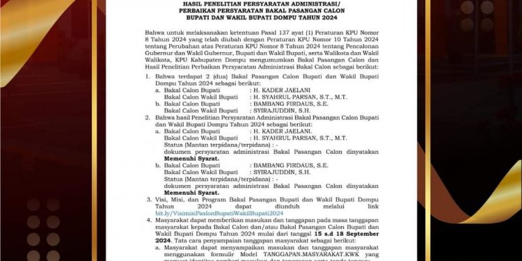 KPU Dompu Nyatakan Dua Paslon Bupati Penuhi Syarat Administrasi